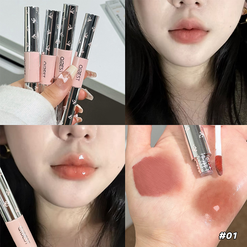 Matte Velvet Lip Tint Long Lasting - ลิปกลอส QIBEST แบบสองหัว เนื้อแมทกำมะหยี่ สีแดงเซ็กซี่ ลิปสติกเนื้อลิควิด