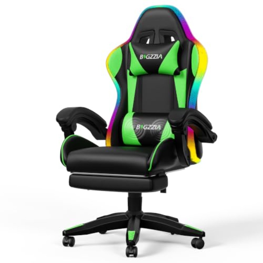 Massage - เก้าอี้เกมมิ่ง RGB พร้อมที่วางเท้าและระบบนวดหลังสำหรับผู้ใหญ่/เด็ก ผ้าสีเขียว รองรับสรีระและปรับความสบายได้